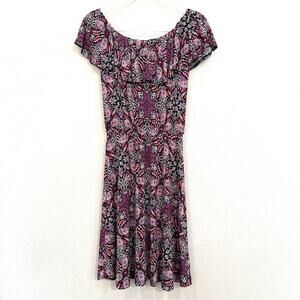 Verse Off Shoulder Purple Paisley & Floral Print Stretch Knit Dress - Small